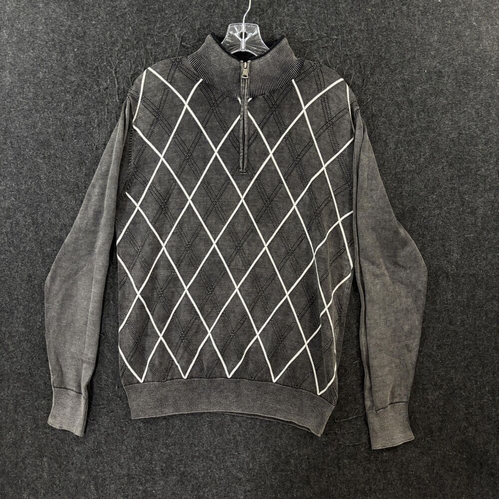 BKE Sweater Men's Medium Gray Cotton Argyle 1/4 Zip Mock Neck Knit Pullover